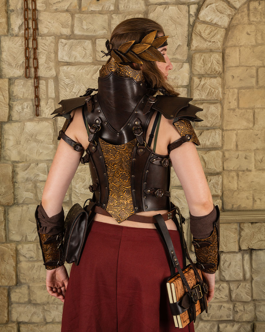 Morgana leather armour set brown/golden floral pattern